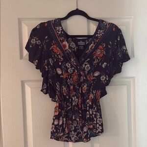 Angie Navy Blue Flutter Sleeve V-Neck Blouse